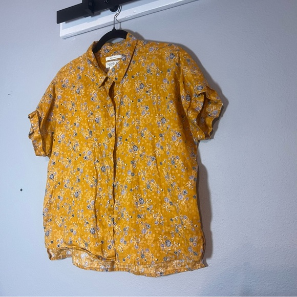 Rachel Zoe Button Up Blouse Short Sleeve Mustard Yellow Floral Linen Size Small - Picture 3 of 8